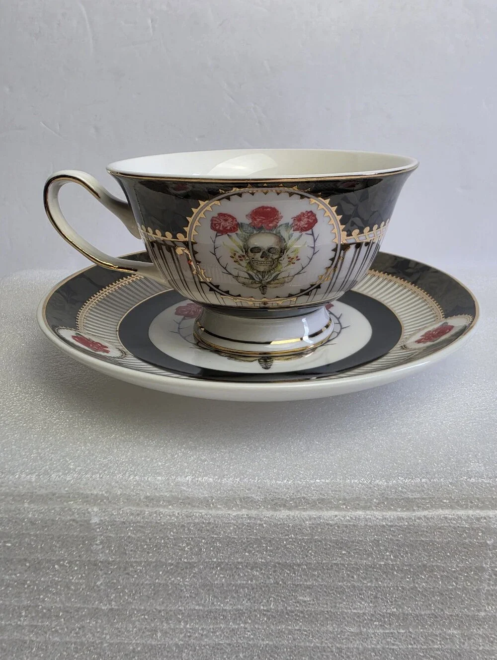 Park Chateau Elegance 2 Piece Skull Roses Moth Tea Cup and Saucer Gold Trim